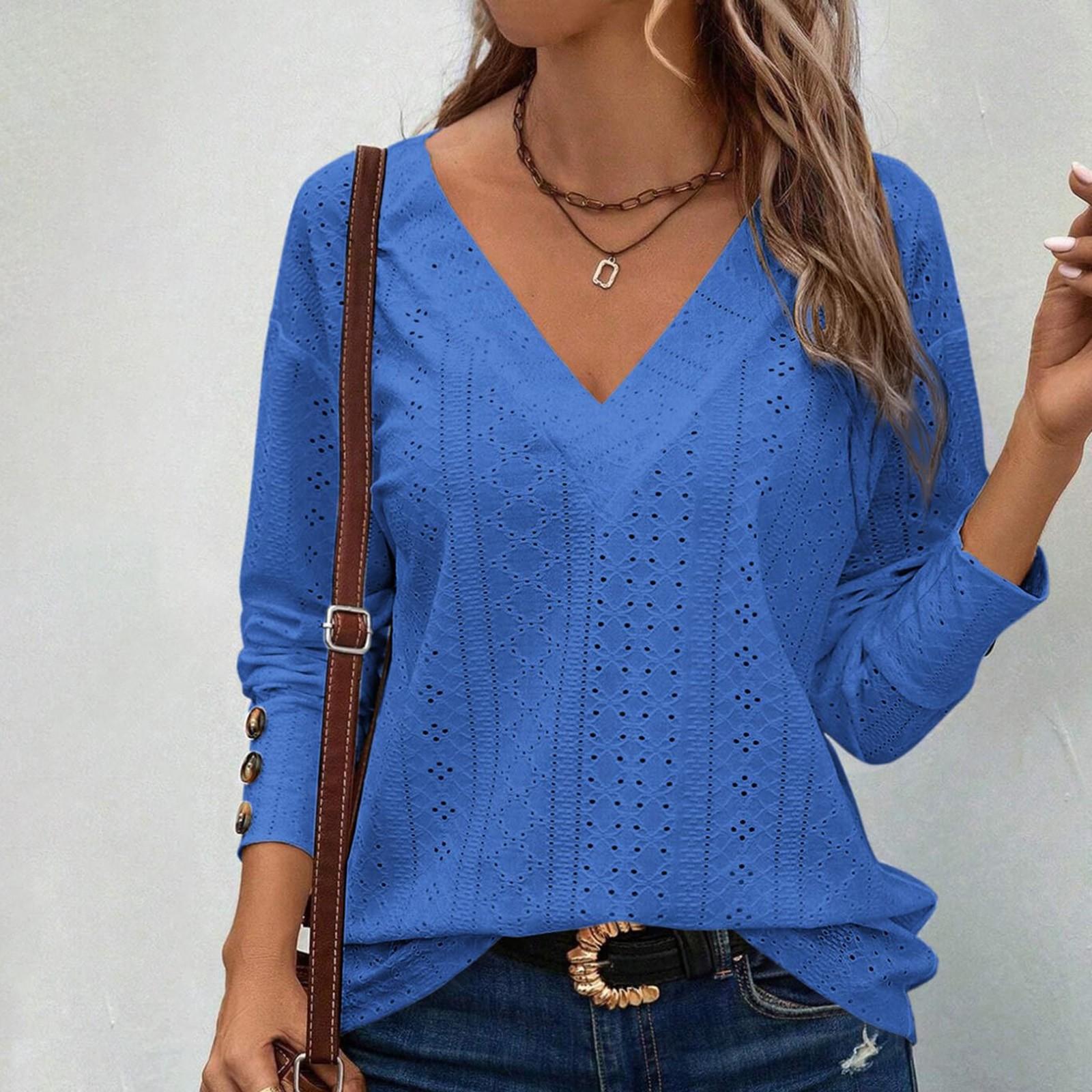 

Женские топы, повседневные рубашки с V-образным вырезом, длинными рукавами и пуговицами XXL синий