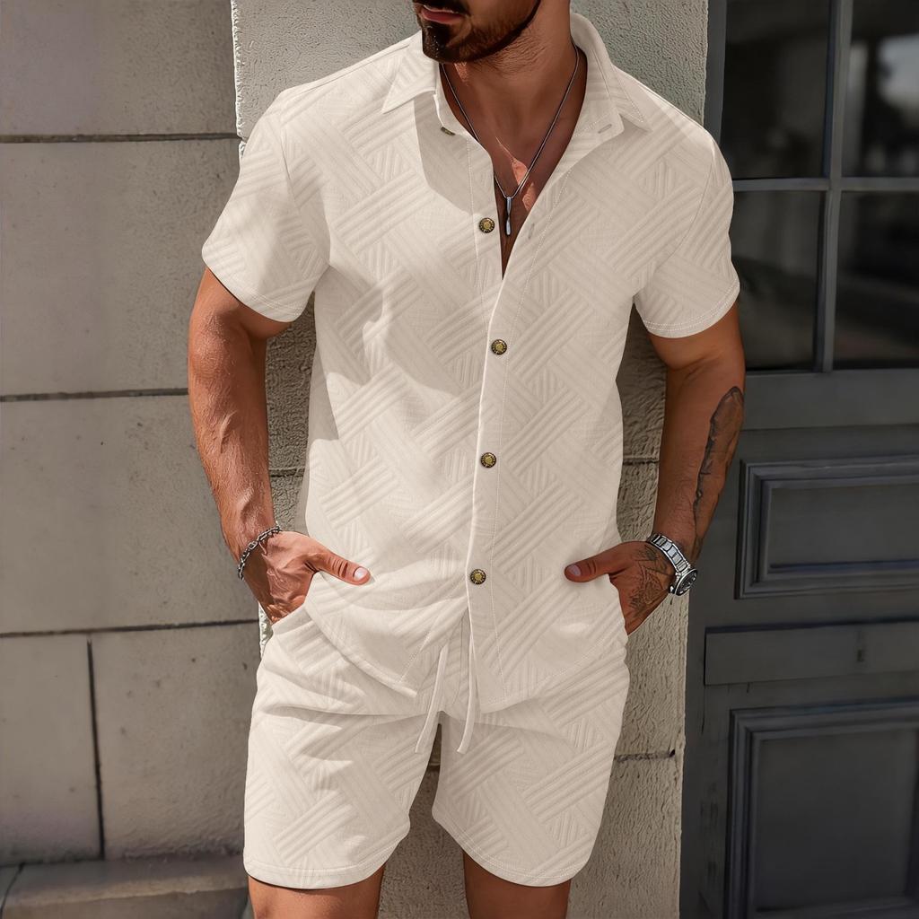 Men's Spring Solid Jacquard Lapel Cardigan & Shorts Set