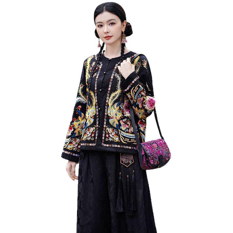 Premium Chinese Ethnic Crackle Pattern Tencel Embroidered Windbreaker for Women - Round Neck Spring/Autumn Coat