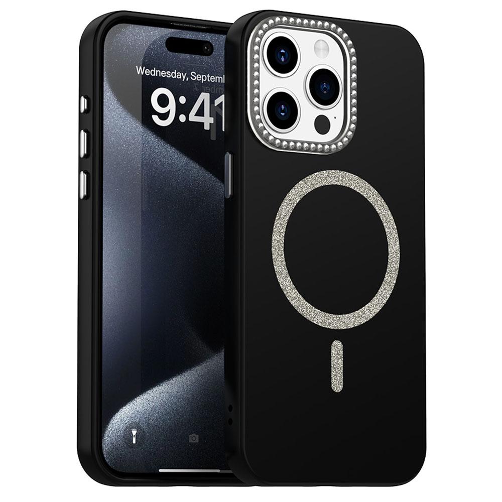 

For iPhone 15 Pro Max Case Compatible with MagSafe TPU+PET Phone Cover with Rhinestone Decor Lens Frame Black