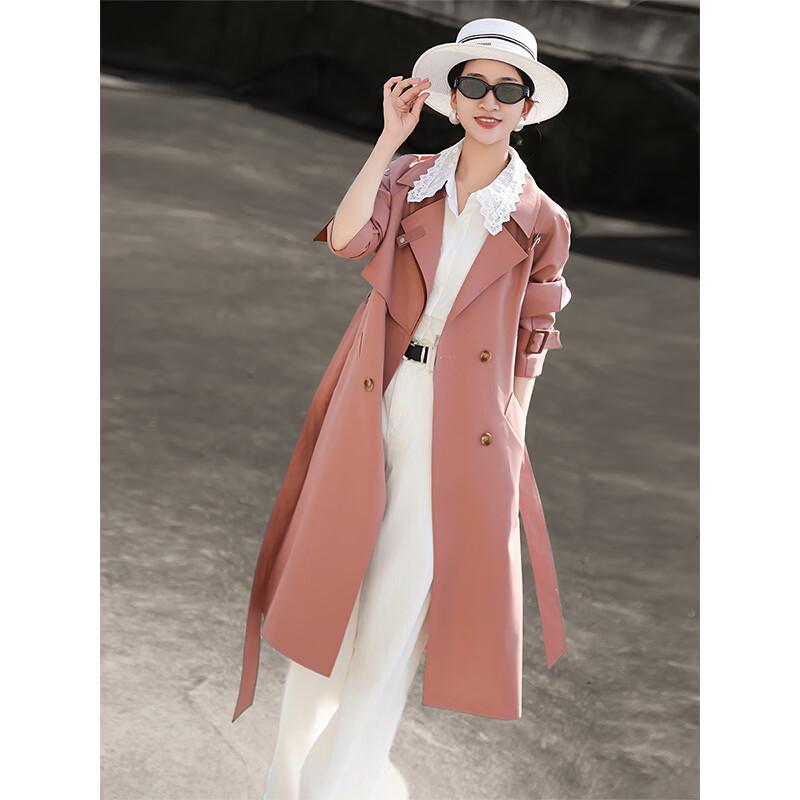 Lanseer Women s Double-Breasted Belted Trench Coat L