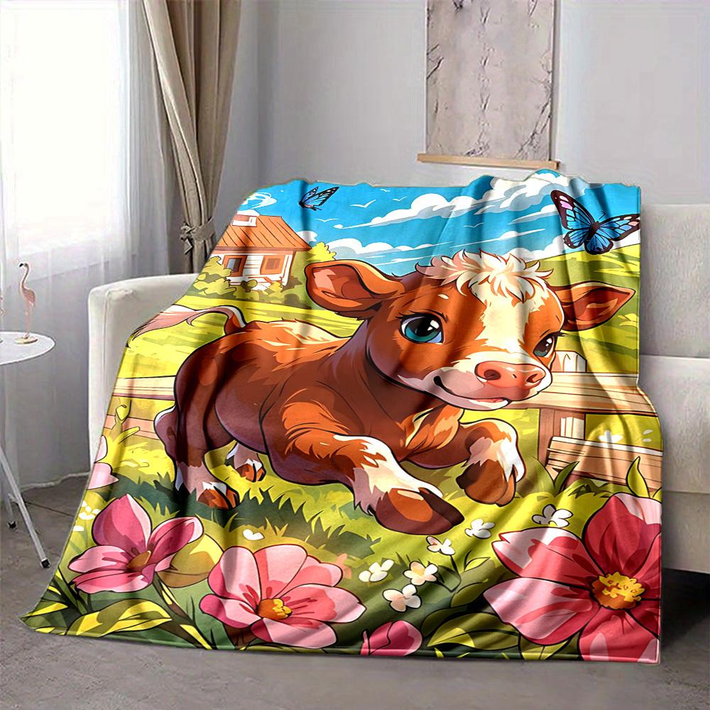 1pc Cow Print Blanket Lightweight Flannel Blanket Throw Blanket For Sofa, Bed, Travel, Camping, Livingroom, Office, Couch, Chair, And Bed Yy251015125