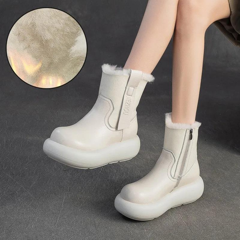 Johnature Retro Warm Side Zipper Thick Soled Women's Short Boots Genuine Leather Wool Snow Boots