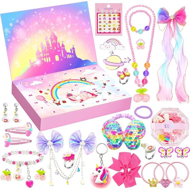 Hot Pink Christmas Advent Calendar Box for Girl Gift Mermaid Unicorn Princess Dress Up Jewelry Hairpin 24Day Countdown Calendar Gift Box