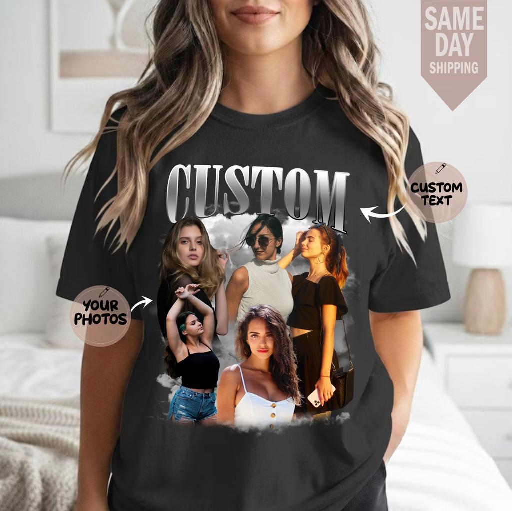 Personalised Bootleg TShirt Custom Name And Photos Birthday Party Gift Tee Top
