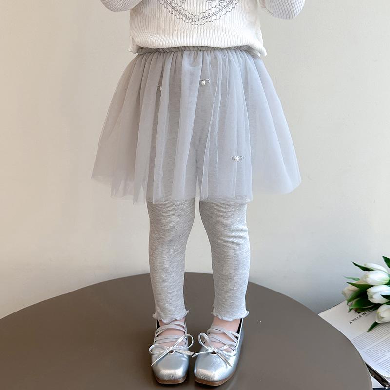 Pantalon en maille pour filles Printemps & Automne avec Jupe en Gaze Perle - Leggings Élégants Deux-en-Un pour Bébés Filles