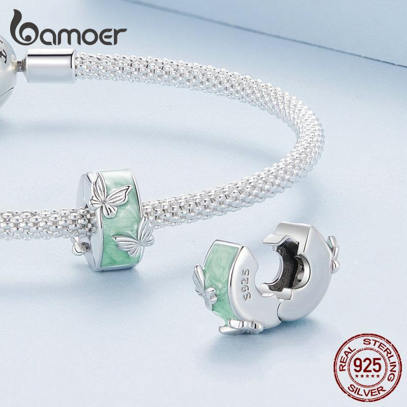 BAMOER 925 Sterling Silver Mint Green Enamel Butterfly Clip Charms Round Beads for Women Original Silver Bracelet Fine Jewelry