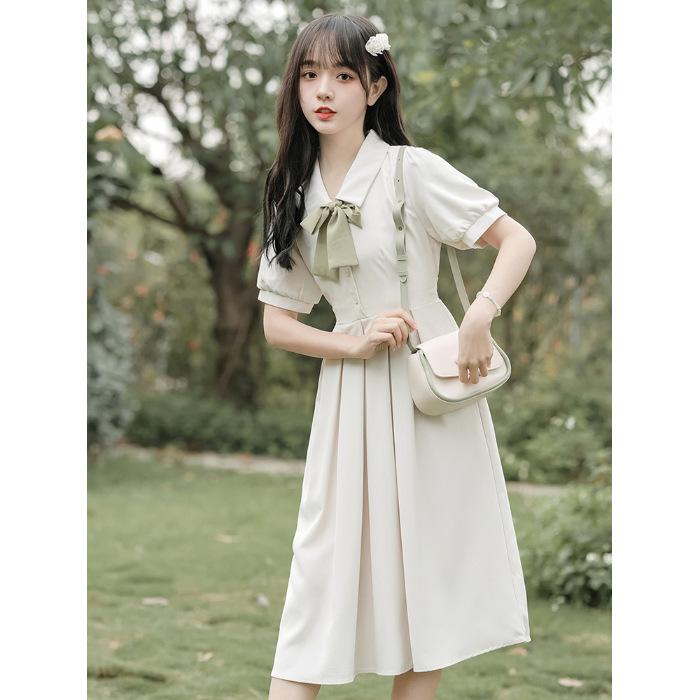 Summer New POLO Collar Waist Small Short-sleeved Dress Women's Bow Teaching Interview Medium and Long Dress