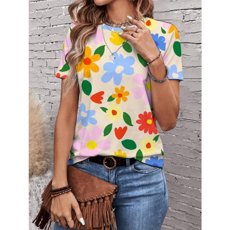 Summer Round Neck Flower Pattern 3D Print Top Fashionable Casual Short Sleeved Women's T-shirts