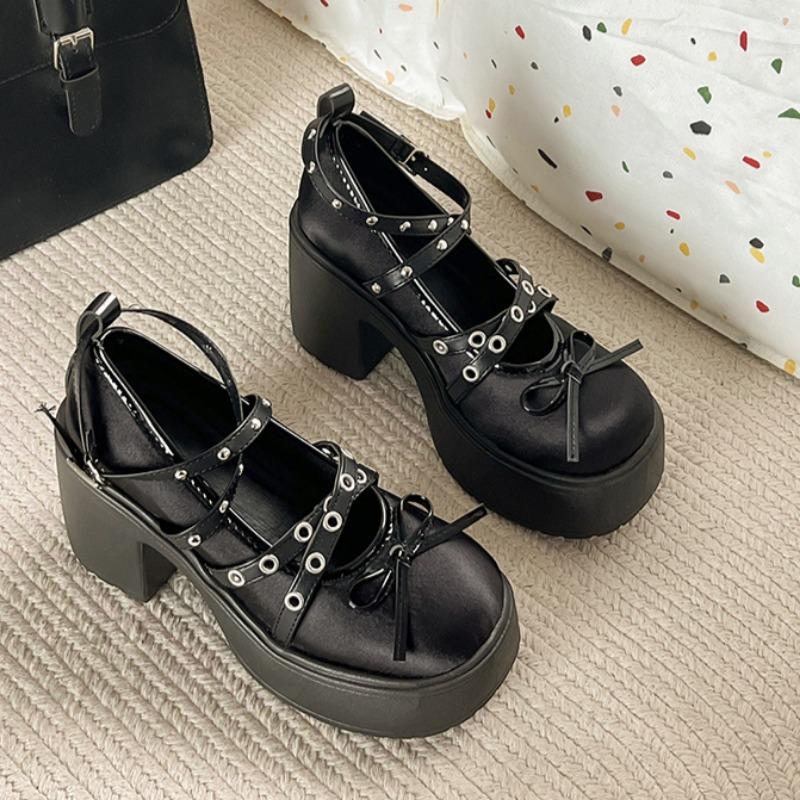 Spring Mary Jane Single Shoes Round Head Shallow Bow Rivets A Line with Waterproof Platform Anti-slip Wear-resistant High Heels