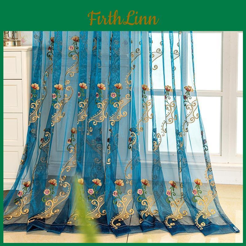 Sheer Embroidered Blue 1panel Luxury Curtain Light Filtering Vintage Flower Pattern Lace Voile Draperies For Living Room Bedroom Dining Room