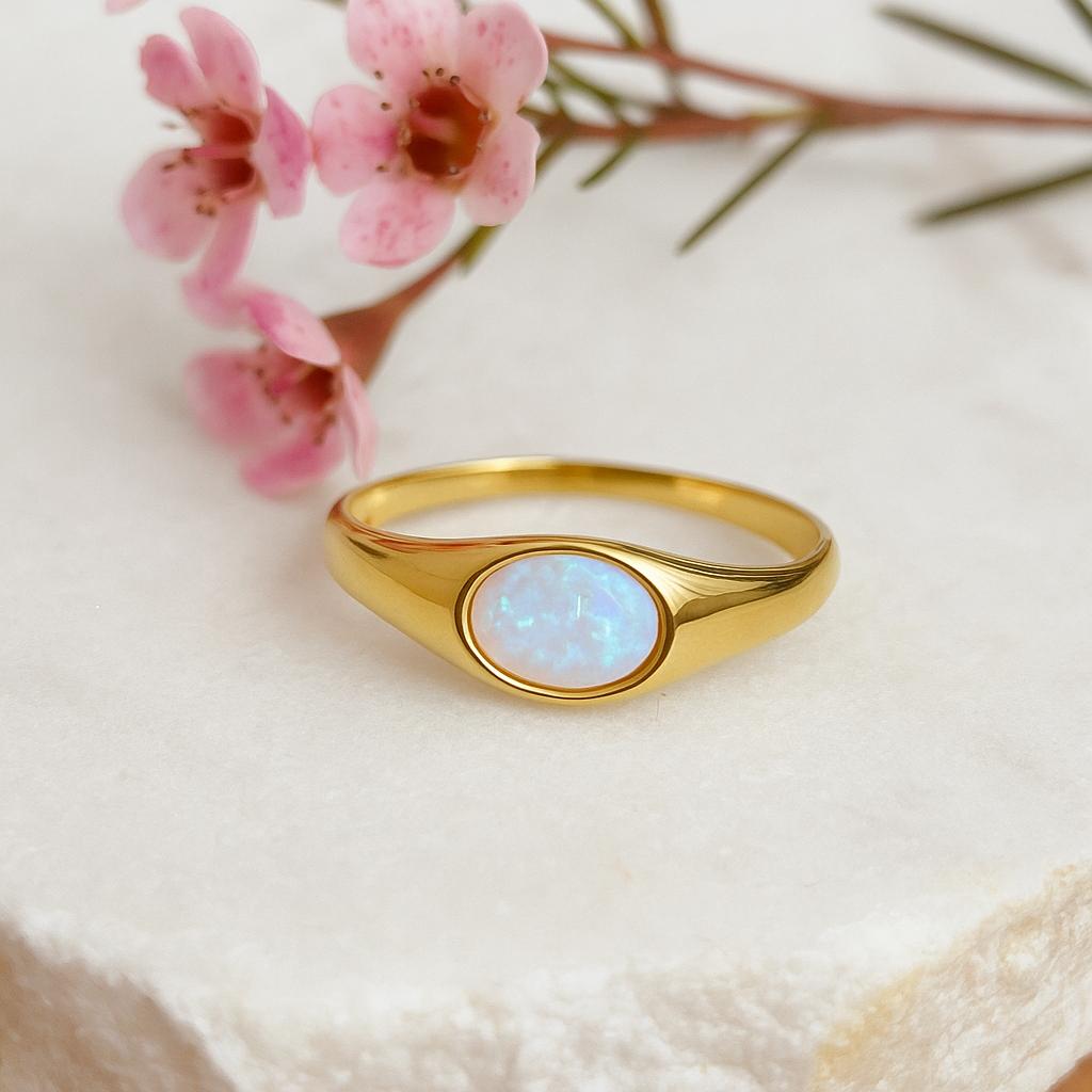 Natural Opal Ring For Him – 925 Sterling Silver Chunky Signet Ring, Yellow Gold Plated Vermeil, Handmade October Birthstone Ring