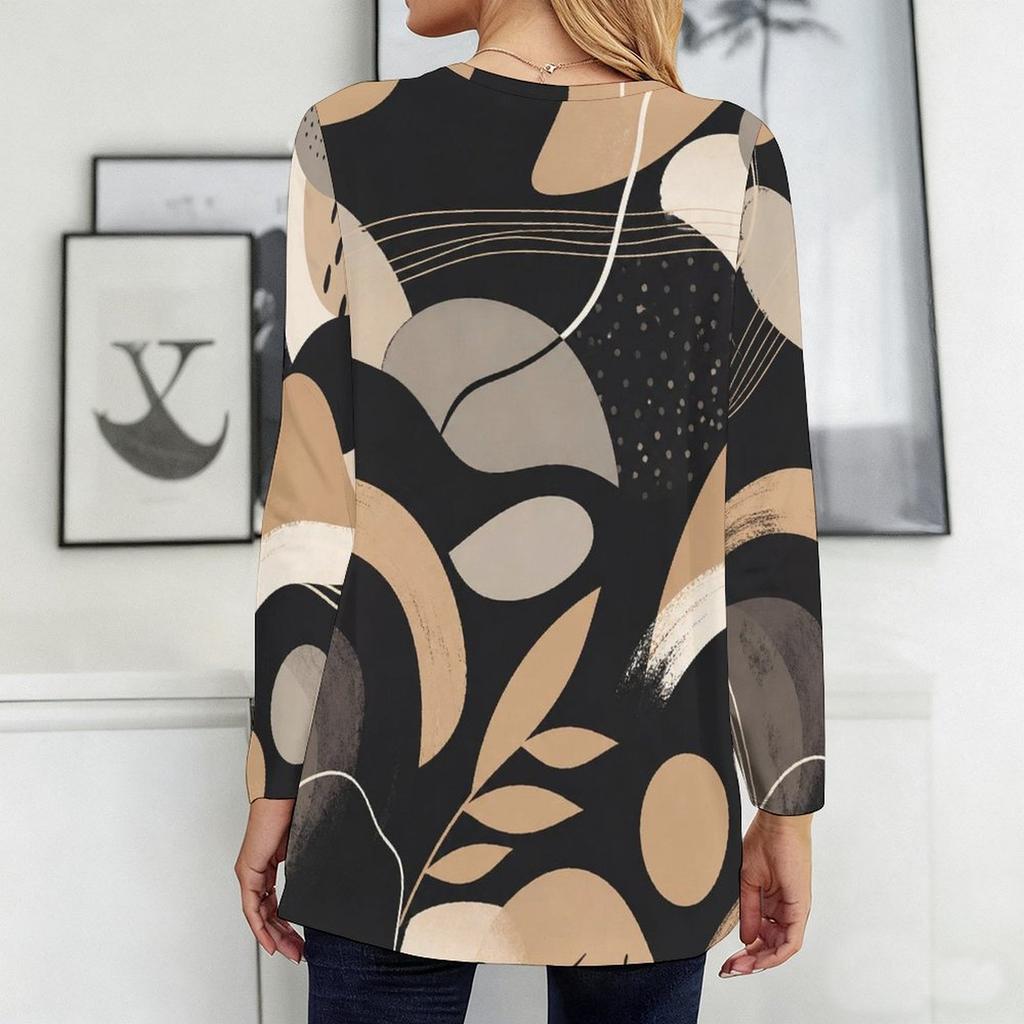 Women Plus Size Round Neck Long Sleeve Abstract Printed Loose Fit Longline T Shirt With Pockets