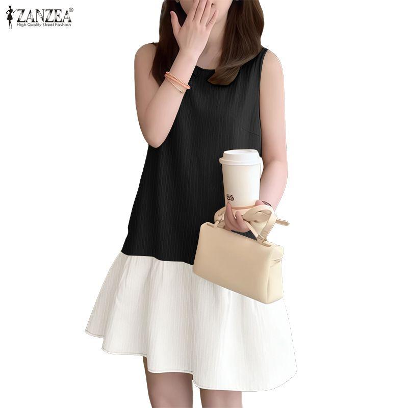 ZANZEA Women Summer Round Neck Casual Sleeveless Splice Tank Dress