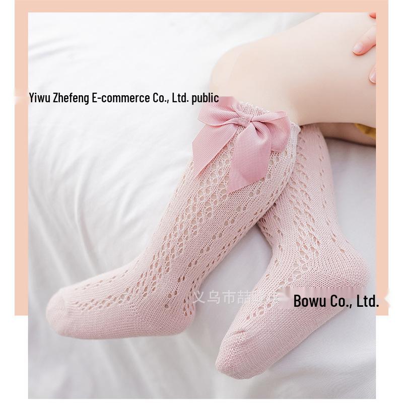 INS Summer Girls' Cotton Bowknot Socks: Ribbed, Breathable, Mid-Calf Mesh