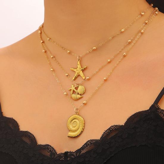 Colar Costeiro de 3 Camadas para Mulheres Pingente de Estrela do Mar Concha Tartaruga Colar de Férias de Verão Joia de Férias na Praia Presente