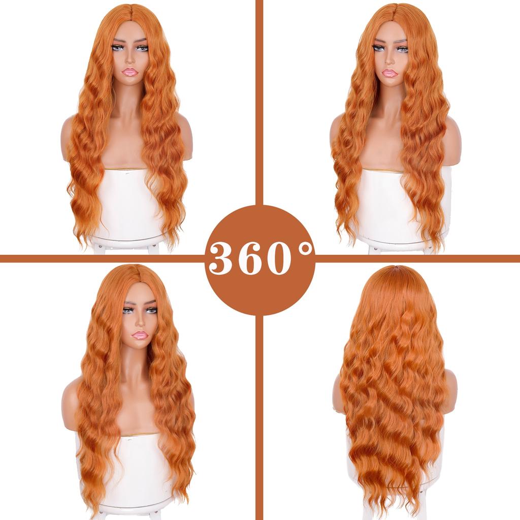 MISSQUEEN Syntetická paruka s dlouhou vodní vlnou Středně oranžová paruka z tepelně odolných vláken vhodná pro ženy na každodenní nošení