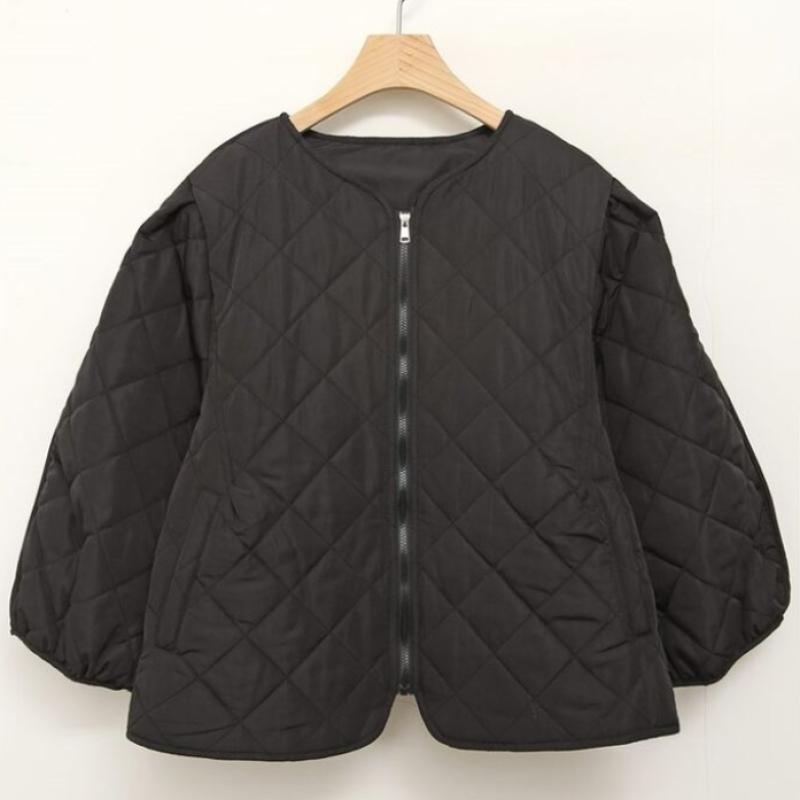 New Arrivals Open Run Balloon Round Neck 3 4 Cardigan Zip Quilted Jacket