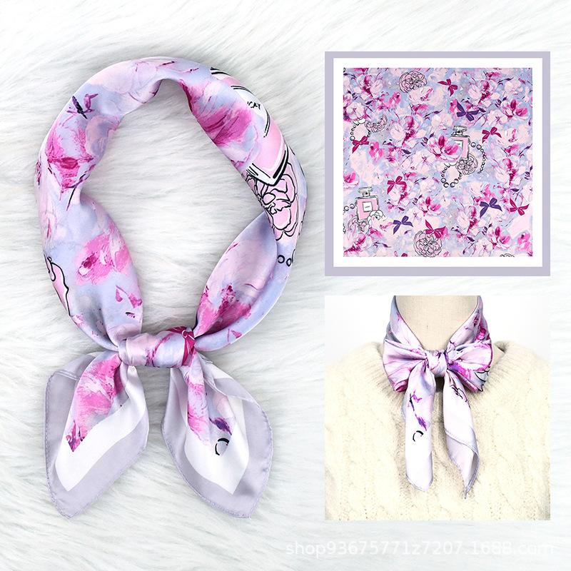 71 Simulation silk blue oil painting small fresh women's square scarf fashion commuter plant flower small silk scarf scarf