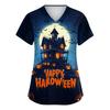 Womens V Neck Short Sleeve Work Shirt Side Slit Pockets Halloween Print Top Casual Comfortable Fit