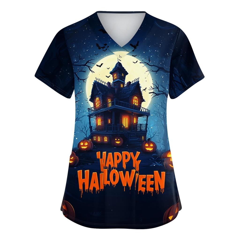 Womens V Neck Short Sleeve Work Shirt Side Slit Pockets Halloween Print Top Casual Comfortable Fit