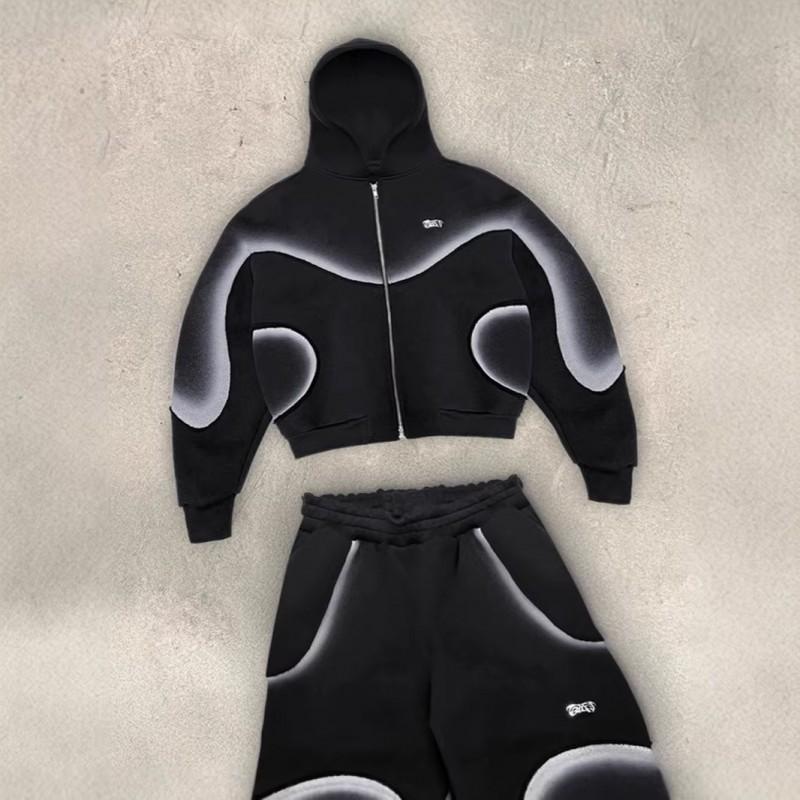 Pánská tmavá Streetwear mikina s kapucí a tepláková souprava s dlouhým rukávem