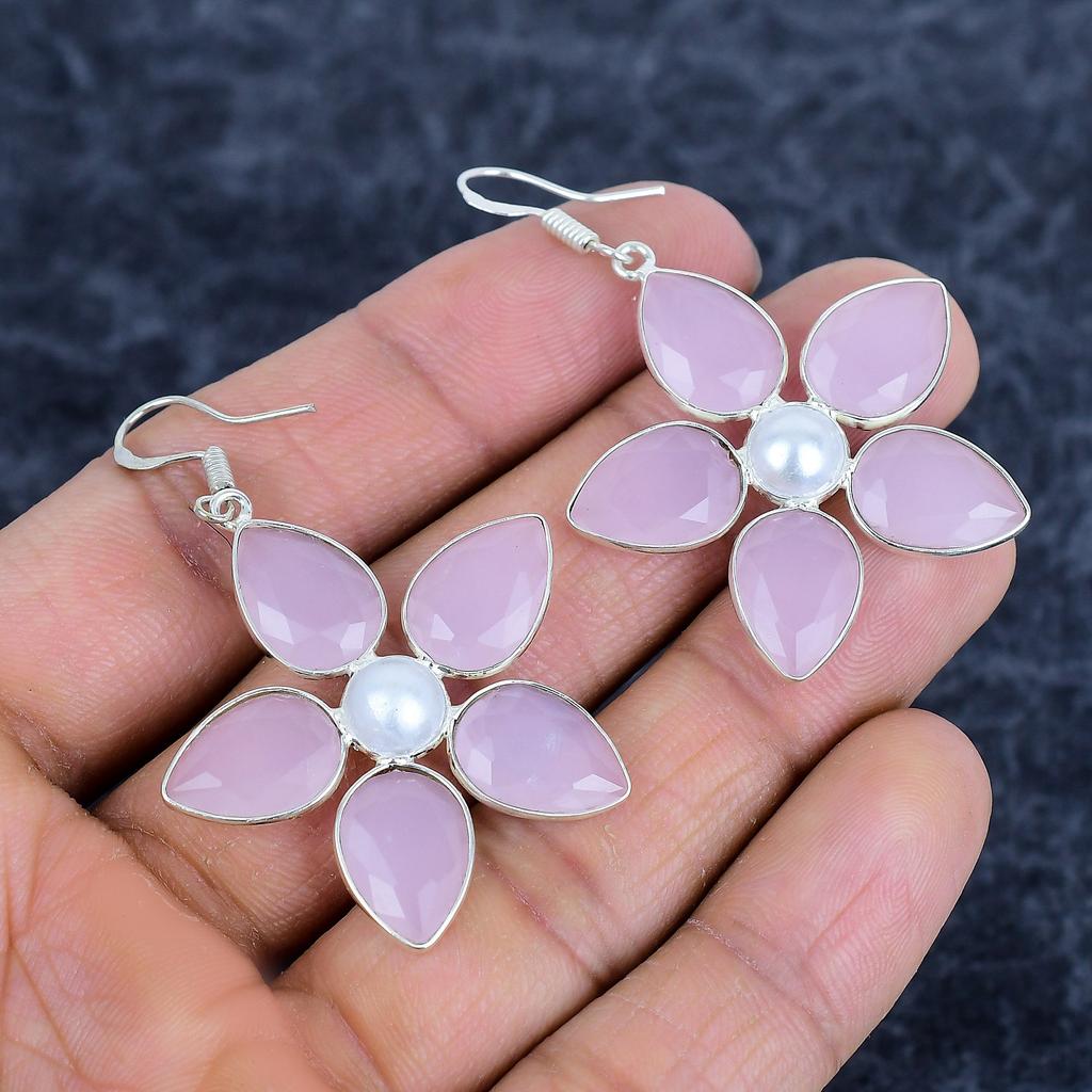 Pink Chalcedony Gemstone Handmade 925Sterling Silver Jewelry Earring 2.17" M-3155