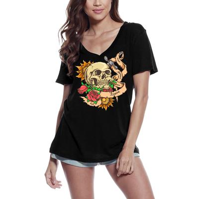 Women's V Neck T-Shirt War Peace Love Kill - Scary Skull With Red Roses
