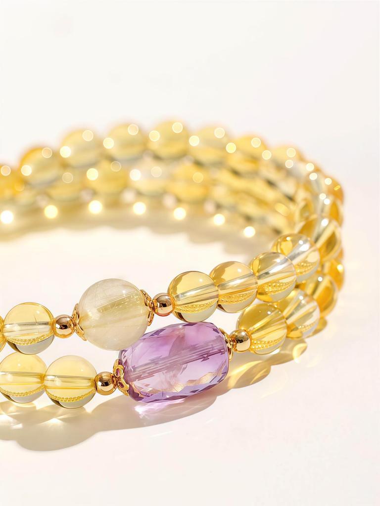 Gelber Rutilquarz & Amethyst Reichtum Anziehungs Armband - Goldenes Tigerauge, Glücksverstärkender Kristall Schmuck für Frauen