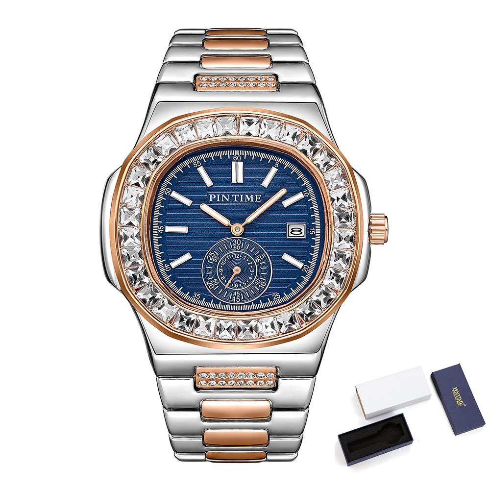 Business Men's Watches Shiny Diamond Case Fashion Quartz Wristwatch Stainless Steel Strap Waterproof 30M Calendar Reloj Hombre