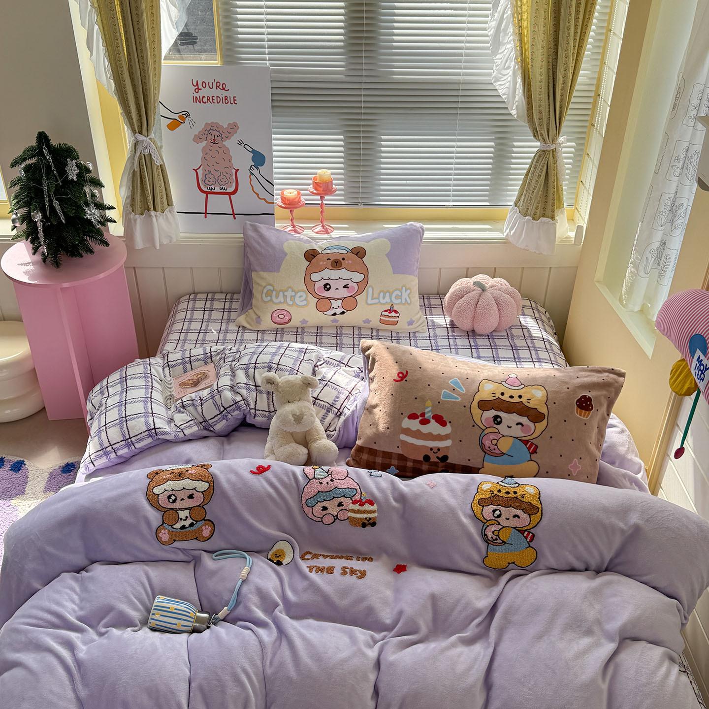 

Thickened Milk Fleece Cartoon Towel Embroidery Four-Piece Set - Cartoon Three Small 1.2M Sheets 1.2m sheet 3pc- quilt cover 155 * 205