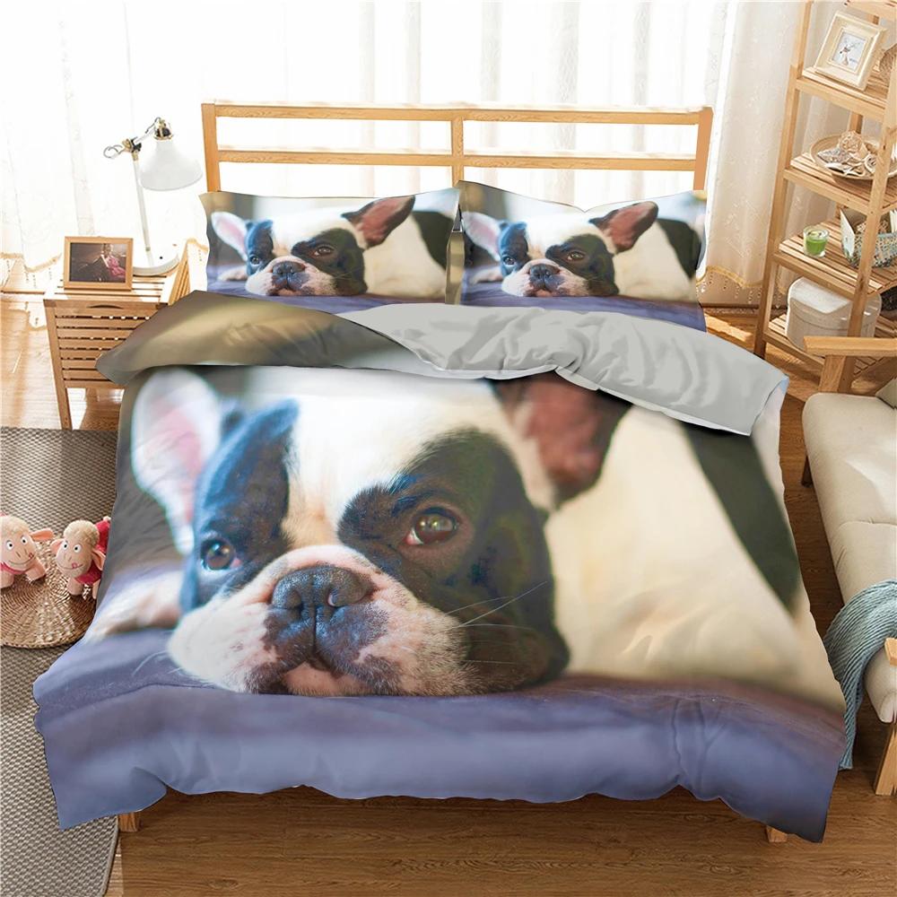 Bulldog Bettwäsche-Set Haustier Welpe Hund Bettbezug Cartoon Tierdruck Bettdeckenbezug King Queen 2/3-teilig Polyester Steppdeckenbezug