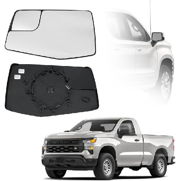 Passenger Right Side Door Heated Mirror Glass With Rear Holder Convex Blind Spot Glass For Chevy Silverado 1500 And GMC Sierra 1500 -2024 Replace#
