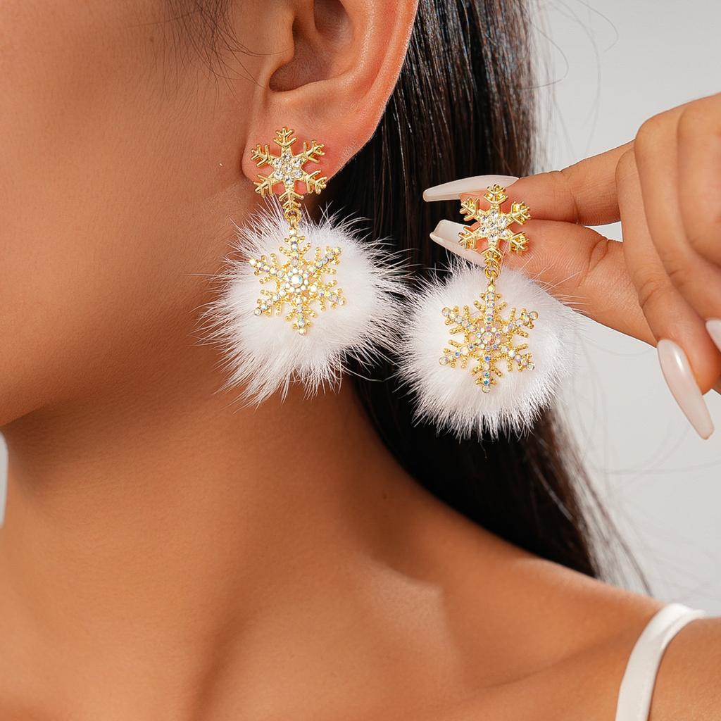 Diamond-encrusted hairball snowflake silver needle earrings Christmas fashion temperament earrings light luxury earrings