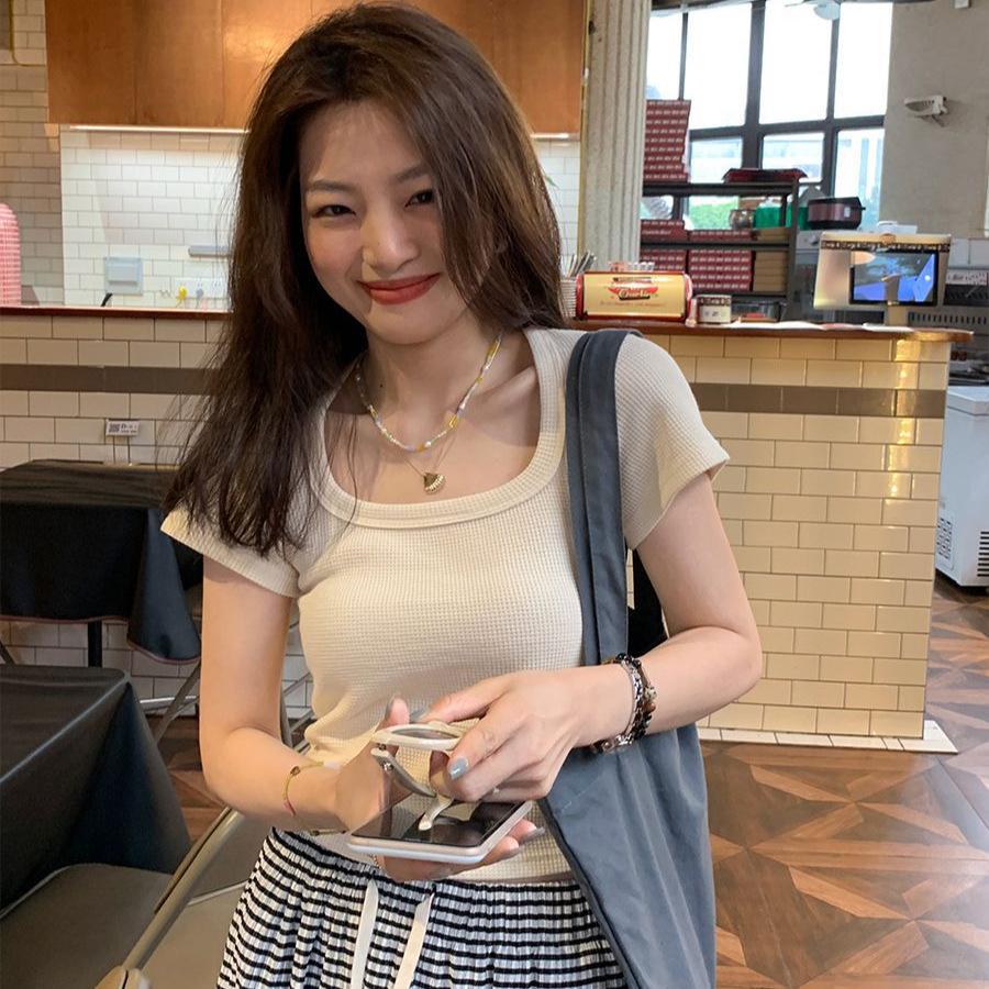 

Korean Style Waffle Short-Sleeve Women s Summer Casual Slimming Top S