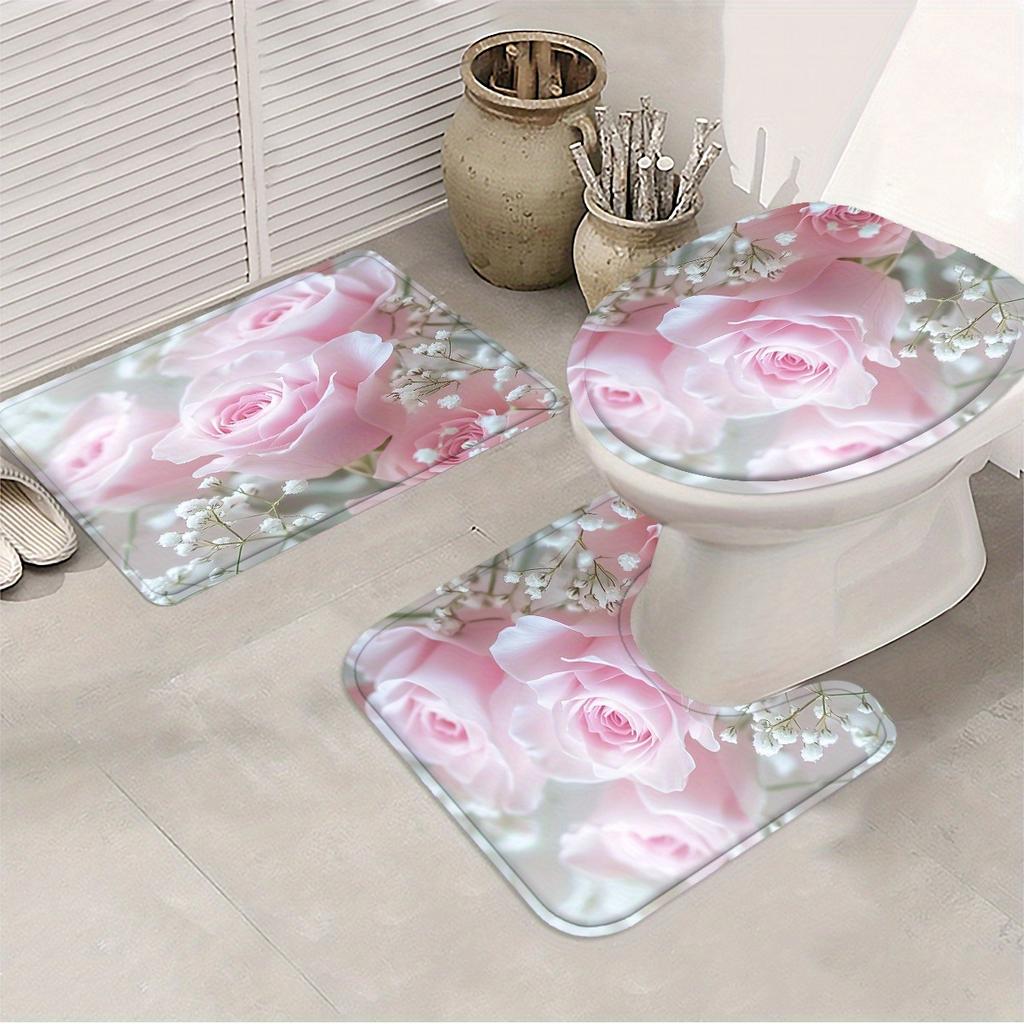 4Pcs 2D Flat Romantic Roses Shower Curtain Set with Non-Slip Bath Mat, Toilet Lid Cover, Contour Rug & 12 Hooks, Bathroom Decor