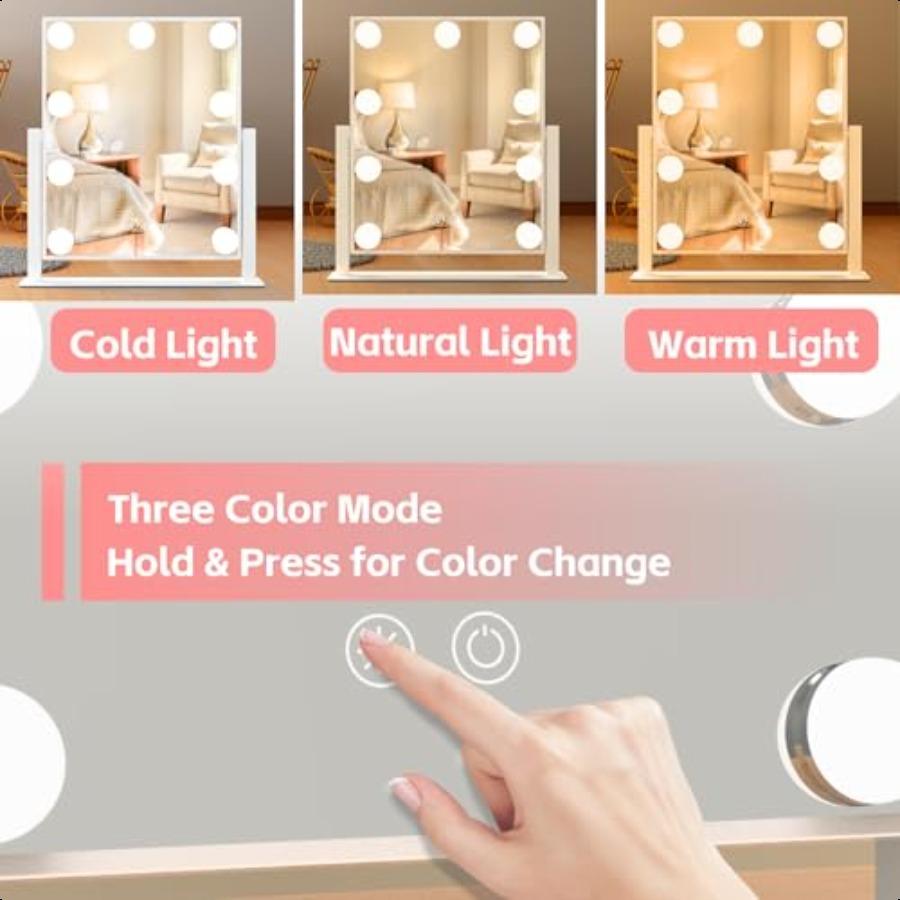 Lighted Vanity Mirror for Desk or Dorm Dimmable 9 LED Bulbs Makeup Mirror with 3 Color Lights Touch Sensor USB Powered Portable