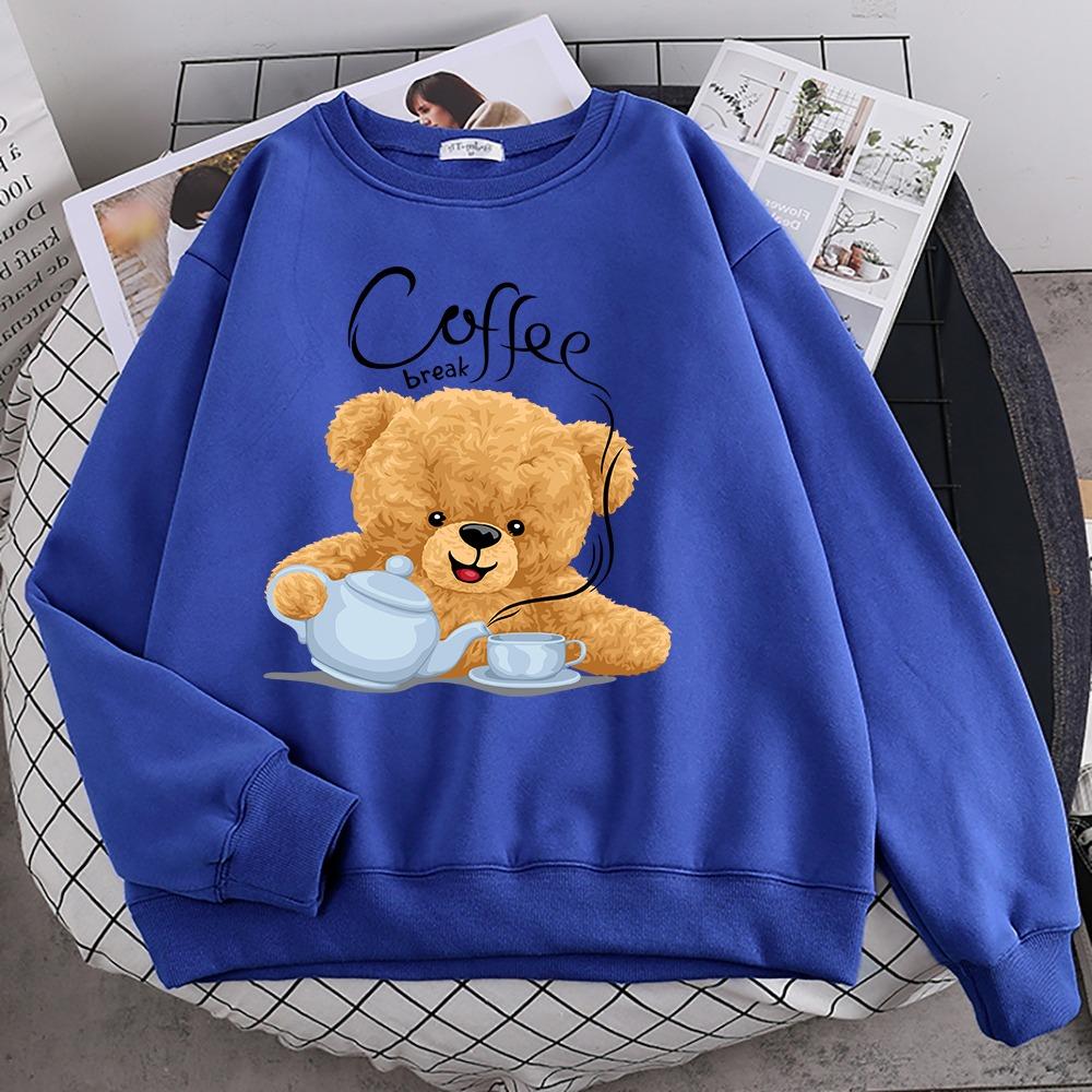 Street Casual Womens Sweatshirt Coffee Break Teddy Bear Making Coffee Print Hoodies Loose Soft Pullovers Crewneck Clothes