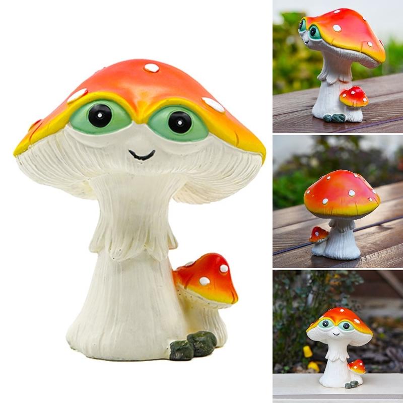 Handcrafts Green Eyed Mushroom Figurine Resins Miniature Ornament for Whimsically Tabletop and Garden Landscape Decors