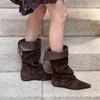Cowhide leather inner heightening western boots retro pointed foldable two-wear boots women's versatile pleated knight boots