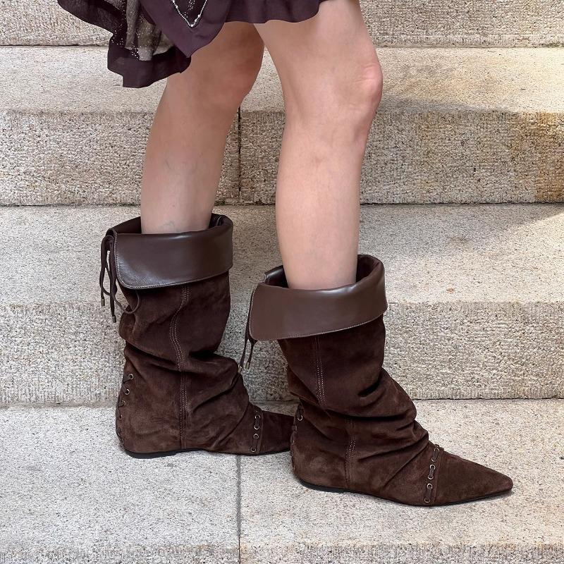 Cowhide leather inner heightening western boots retro pointed foldable two-wear boots women's versatile pleated knight boots