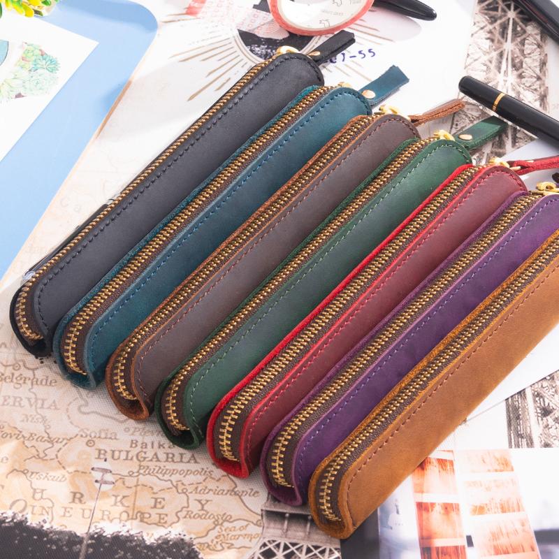AIGUONIU Mini Handwritten Leather Pencil Case Portable Cowhide Zipper Pen Protective Case