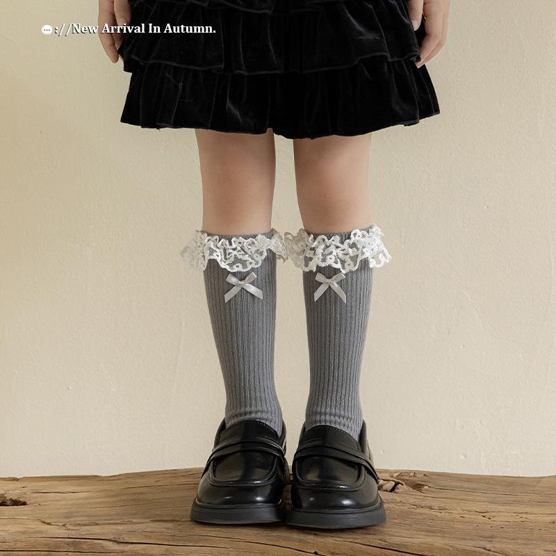 Girls' Tube Socks Japanese Lolita Lace Bow Pile Pile Socks Ballet Style Double Needle Children's Cotton Socks