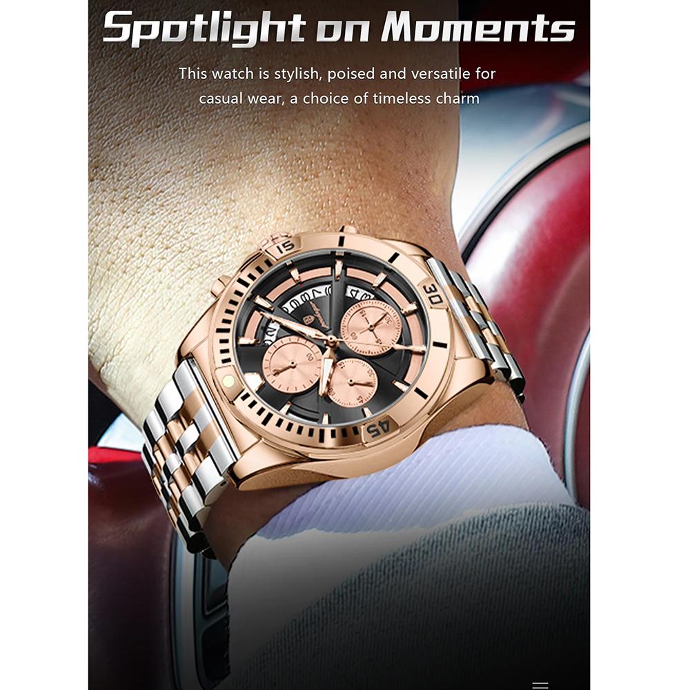 Men Chronograph Watches Stainless Steel Analog Quartz Wrist Watch Waterproof Luminous Date Business Dress Watch for Men