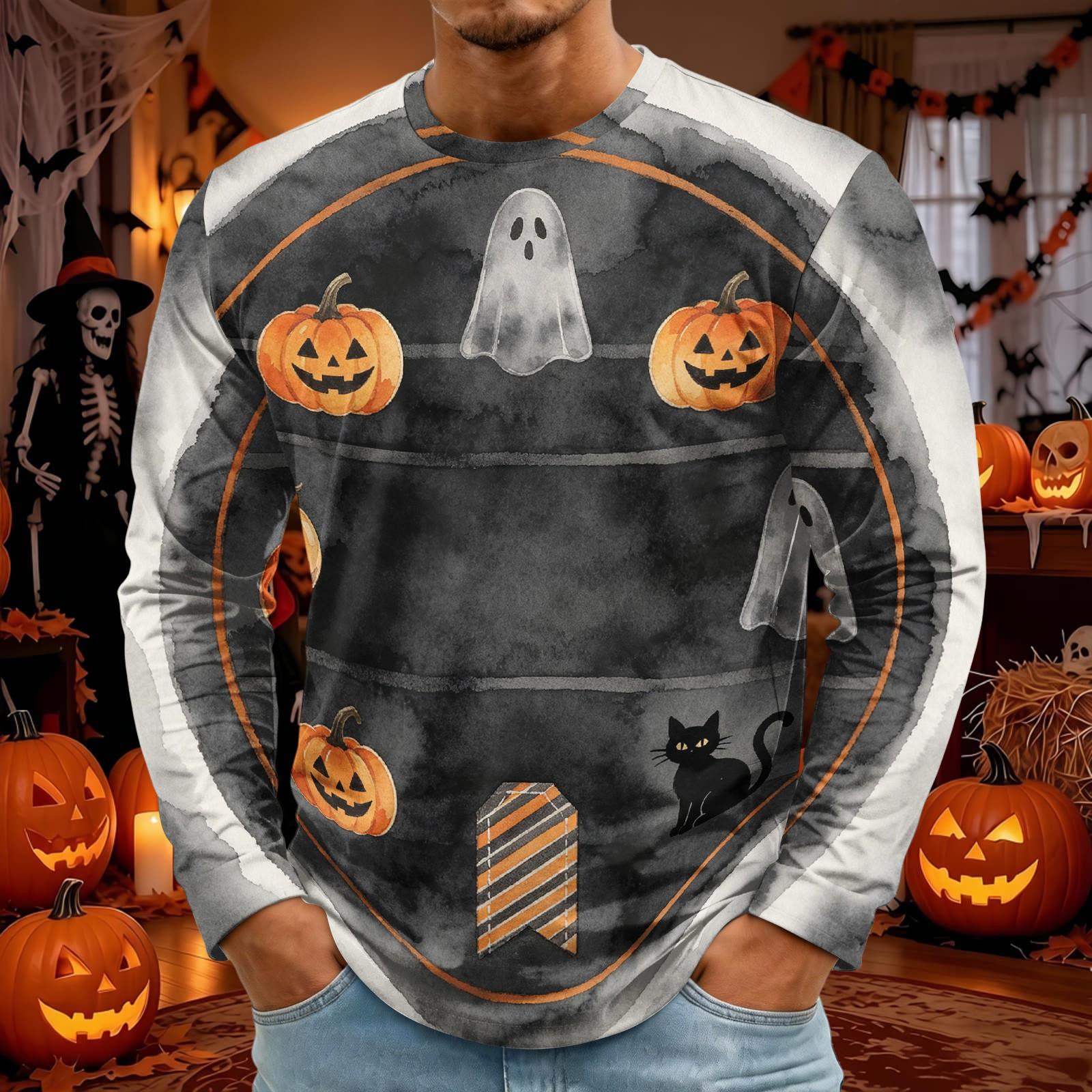 Men s Long Sleeve Halloween Print T-Shirt with Round Neck, Fashion Top for Halloween Events XXXL