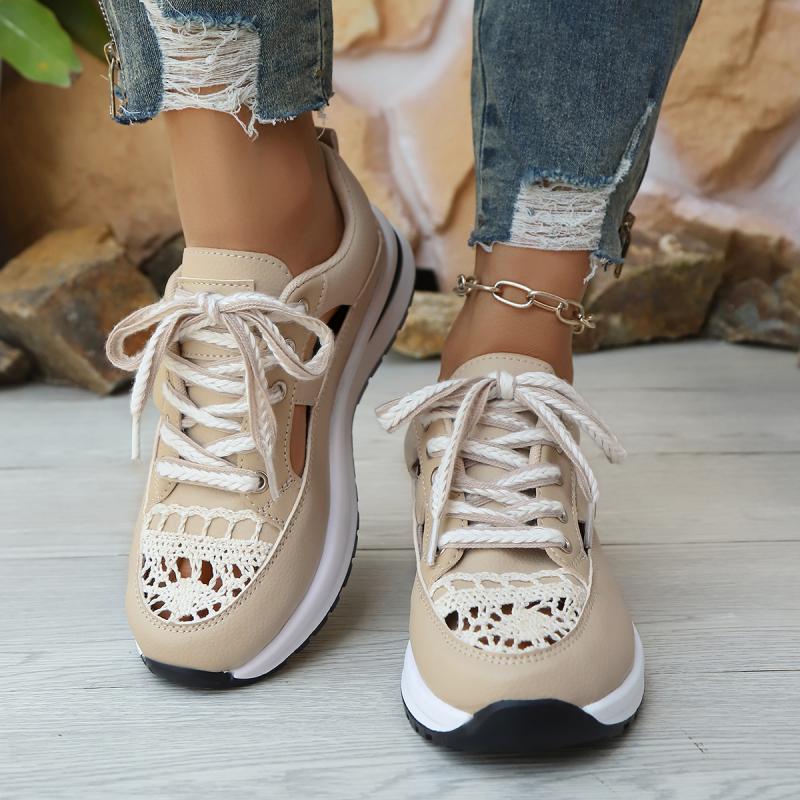 Fashion Fashion Hollow Out Lace Thick Bottom Chunky Sneaker Women 2025 Summer Wedge Heel Lace Up Sneaker Comfortable Casual Shoes Women