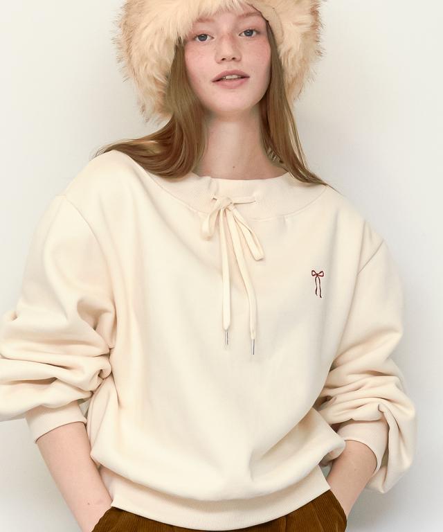 RONRON Heart Ribbon Neck String Sweatshirts Cream