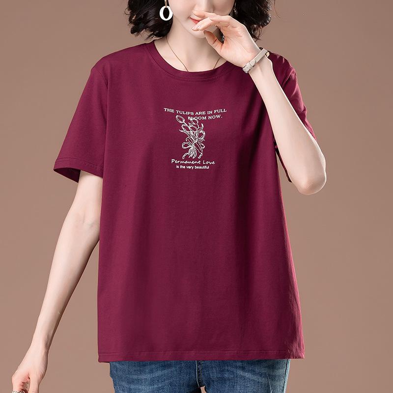 Women's Summer Loose Fit Plus Size Cotton T-Shirt - Midlife & Elderly Casual Half-Sleeve Belly Cover 