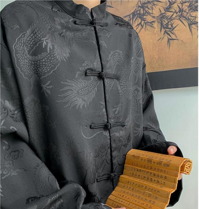 Male Hip Hop Gothic Tops Chinese Style Jacquard Dragon Shirt Harajuku Blouses Satin Streetwear Long Sleeve Tang Clothes