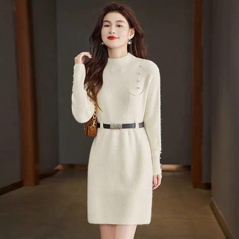 

Осенне-зимнее маленькое трикотажное платье, новое женское платье средней длины, юбка на основе свитера с пальто 2XL бежевый